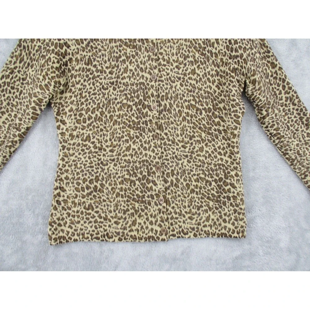 Garnet Hill Sweater XS Cardigan Merino Wool Animal Print Button Front Statement